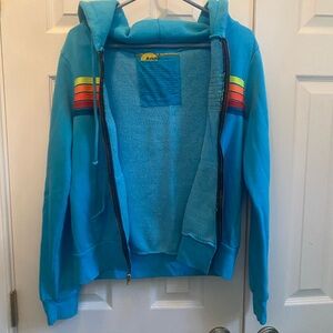 Aviator Nation Blue Hoodie with Colorful Stripes